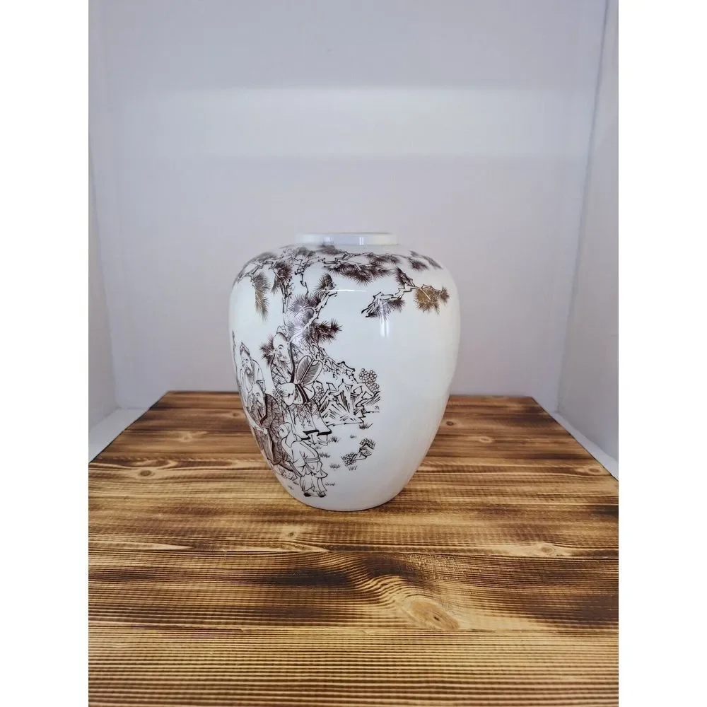 Vintage JAPAN Porcelain‎ vase with Japanese scene man reading scroll brown white